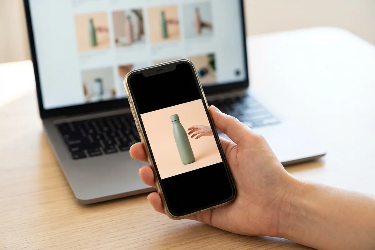 A phone showing a product ad, with more product photos on the laptop behind it