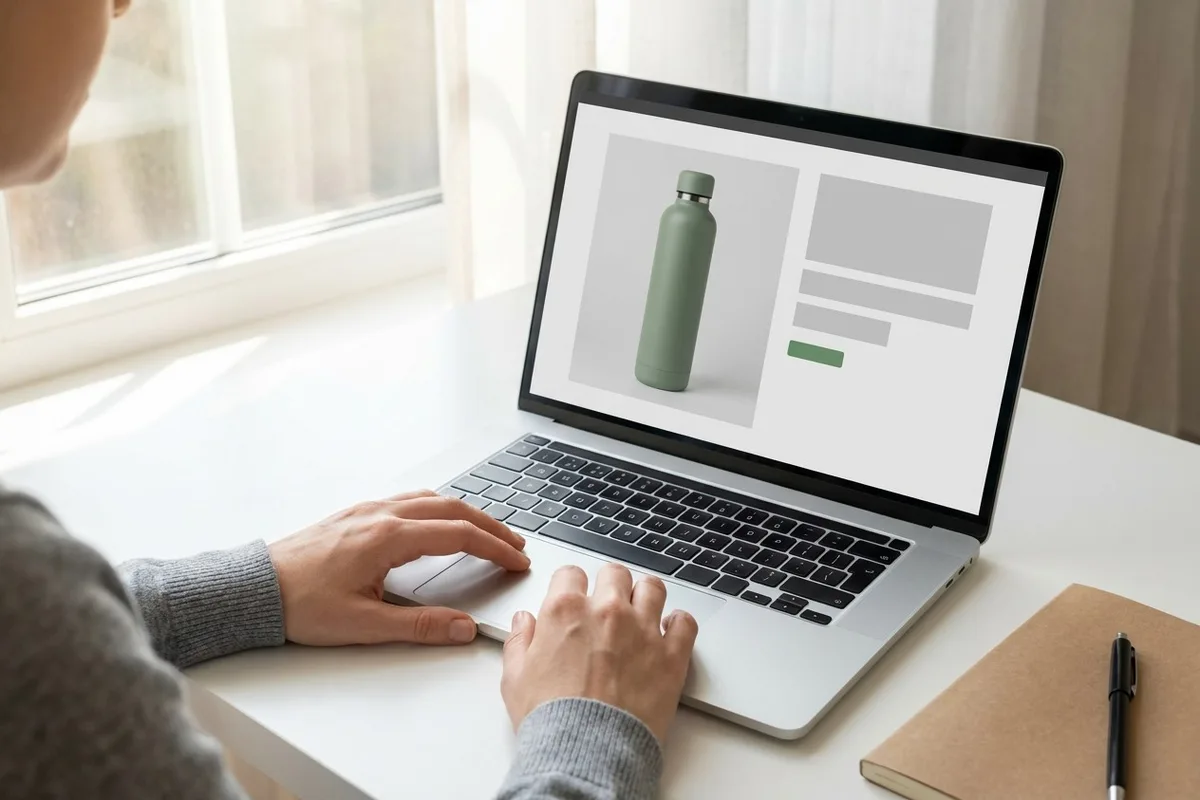 A laptop showing an online store's product page being built