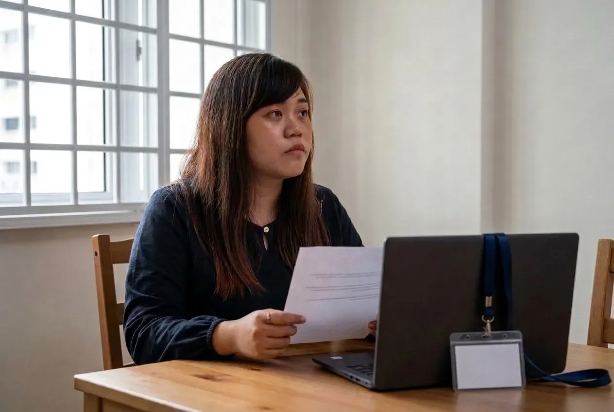Fierra at her dining table holding a letter, looking toward the window