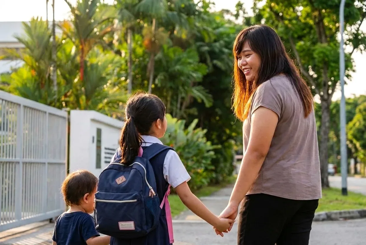 Fierra walking her two children home from the school gate
